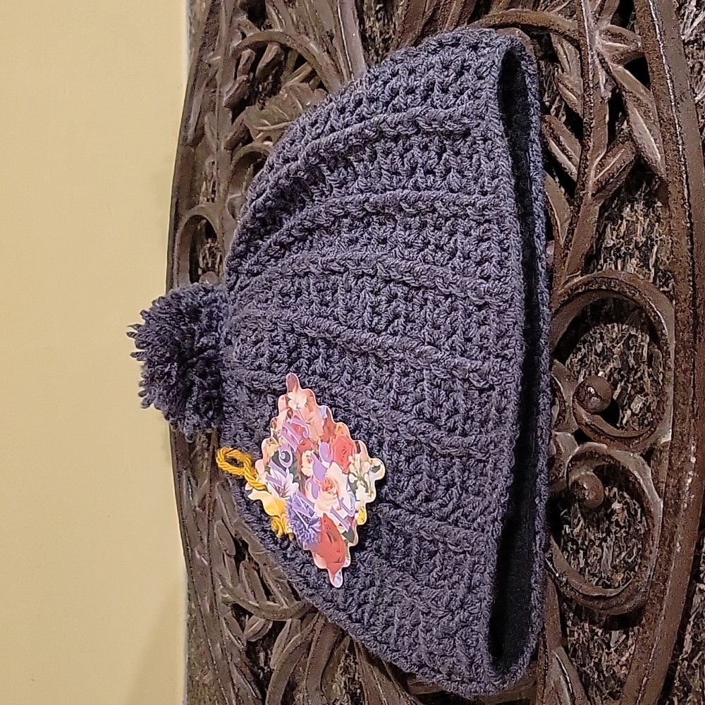 Handmade pom-pom hat beanie with fleece lining at ears crochet
